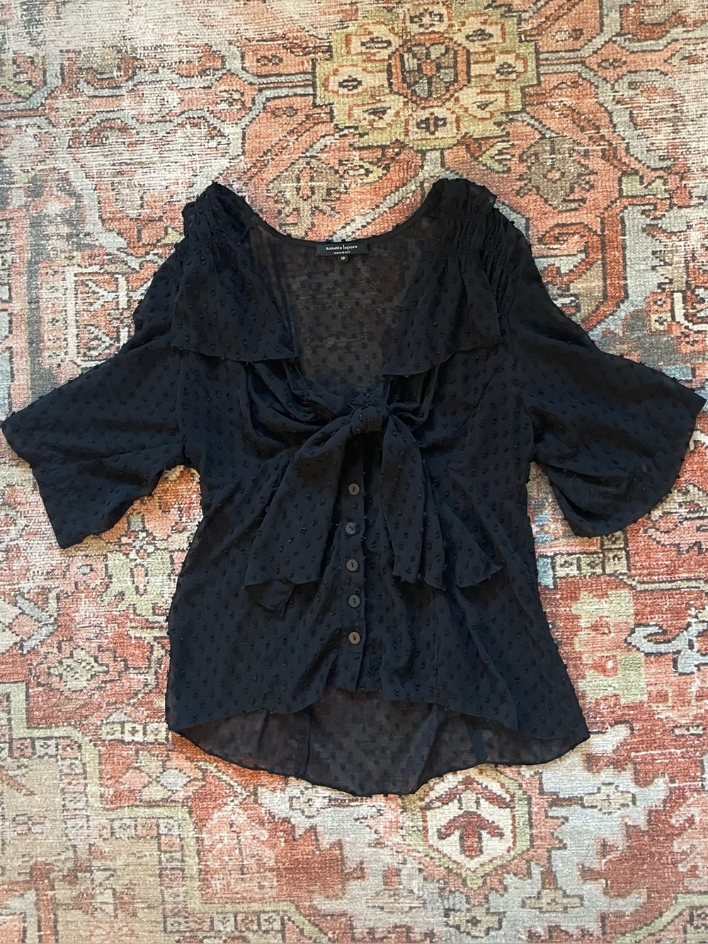 Nanette Lepore Black Tie-Front Swiss Dot Blouse